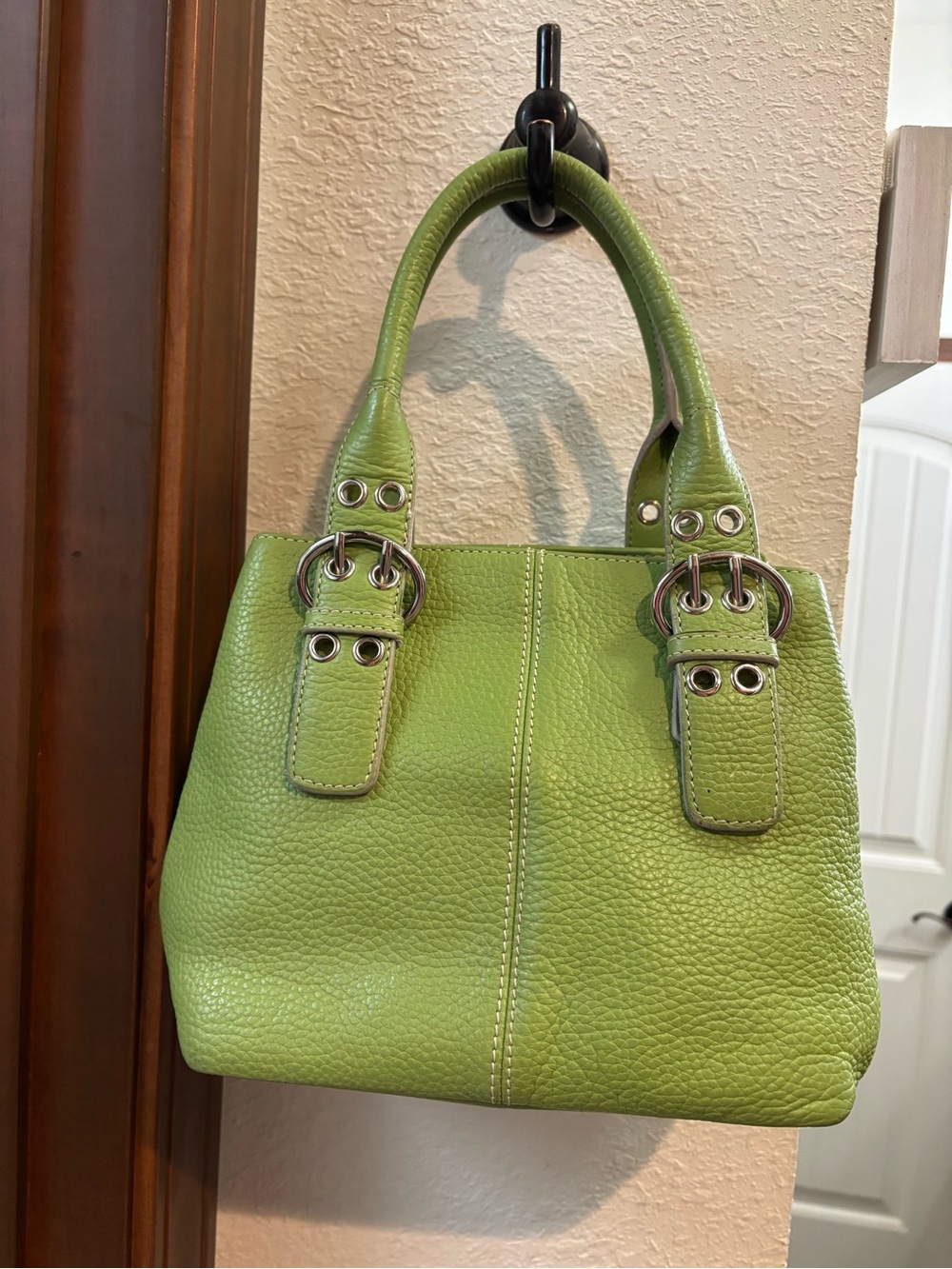 Bandolino Lime Green Pebbled Leather Satchel with Silver Buckles